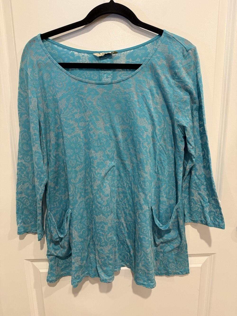 Chalet Jersey Tunic Top Women Size Medium Turquoise Blue 3/4 Sleeves Lagenlook
